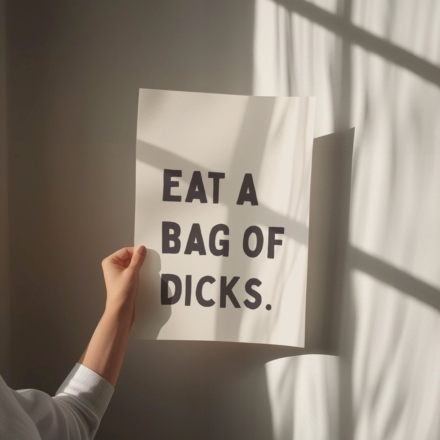 Eat A Bag Of Dicks, Unframed Card Art Print, Funny Wall Art, Sweary Rude, Quote, Cream and Black Print