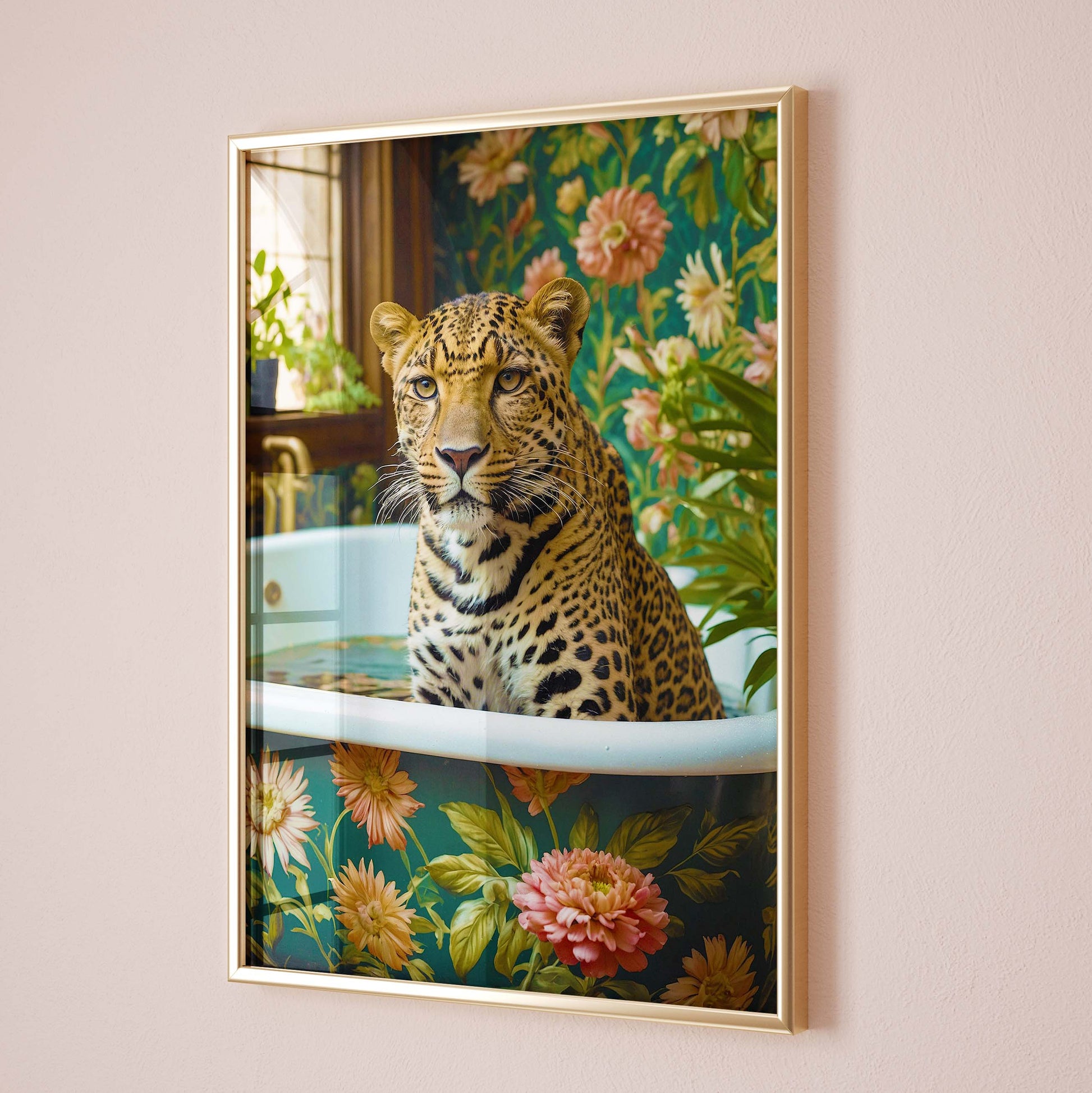 Leopard in Bathtub Print Botanical Floral Bathroom Wall Art Maximalist Eclectic Decor