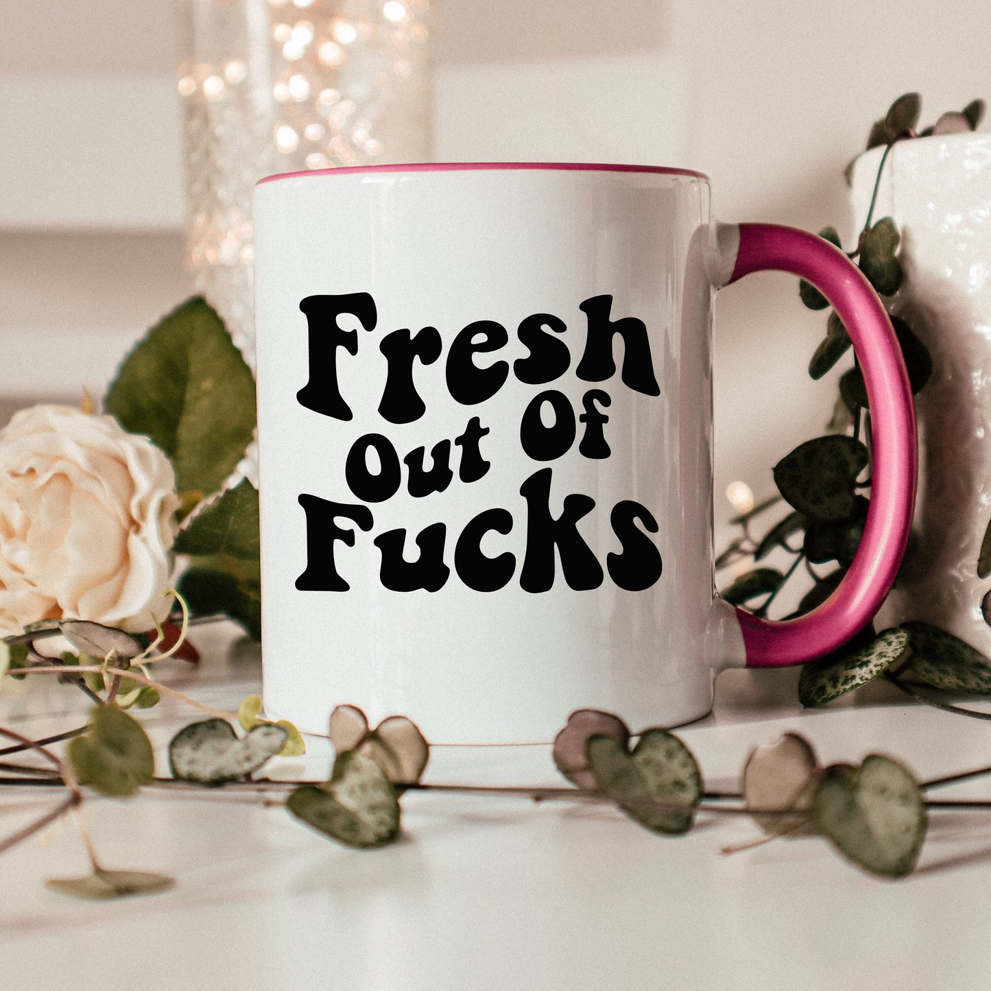 fresh out of fucks pink handle mug