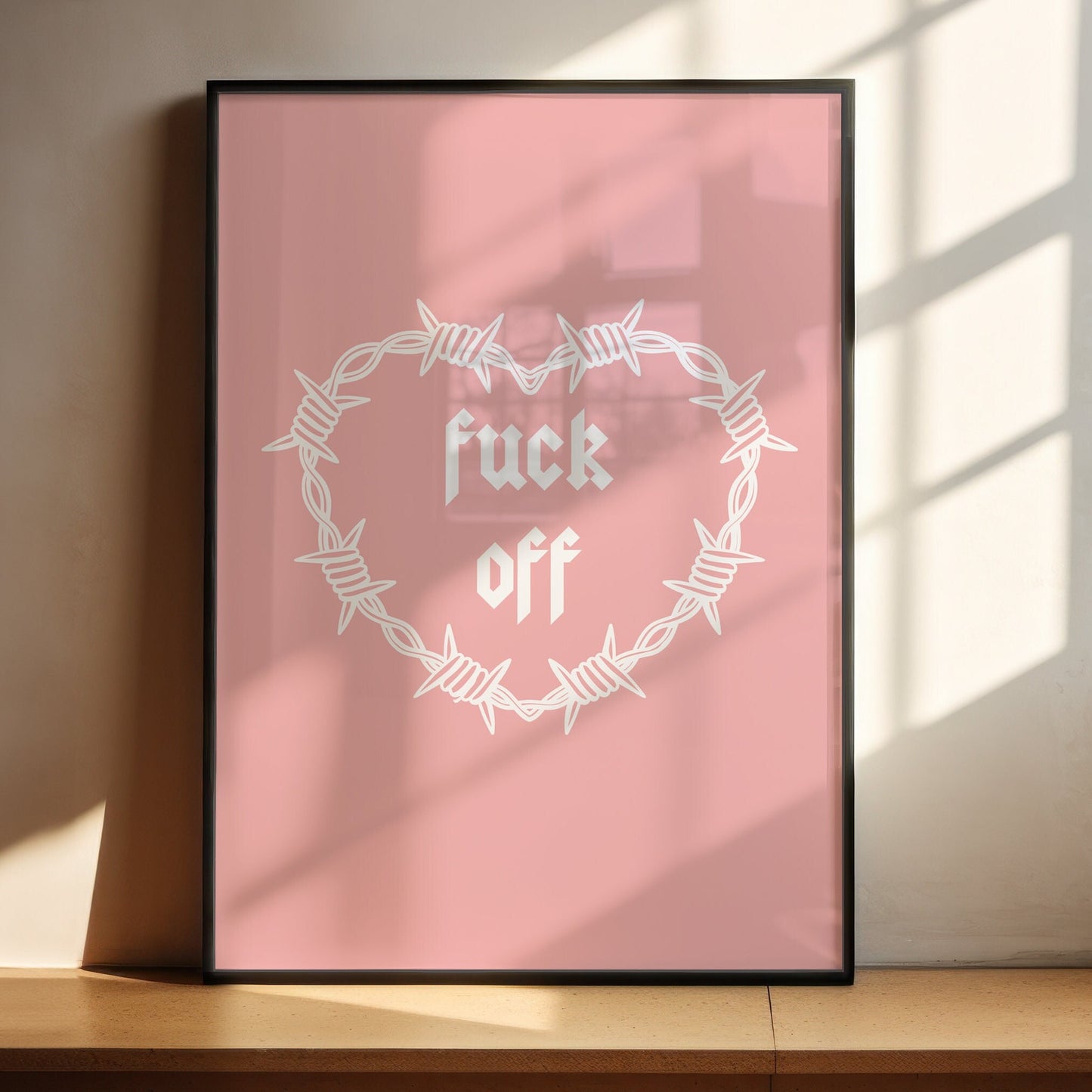 Fuck Off, Barbed Wire Heart Wall Print, Unframed Card Heart Print, Cool Pink Wall Art, Sweary Home Decor