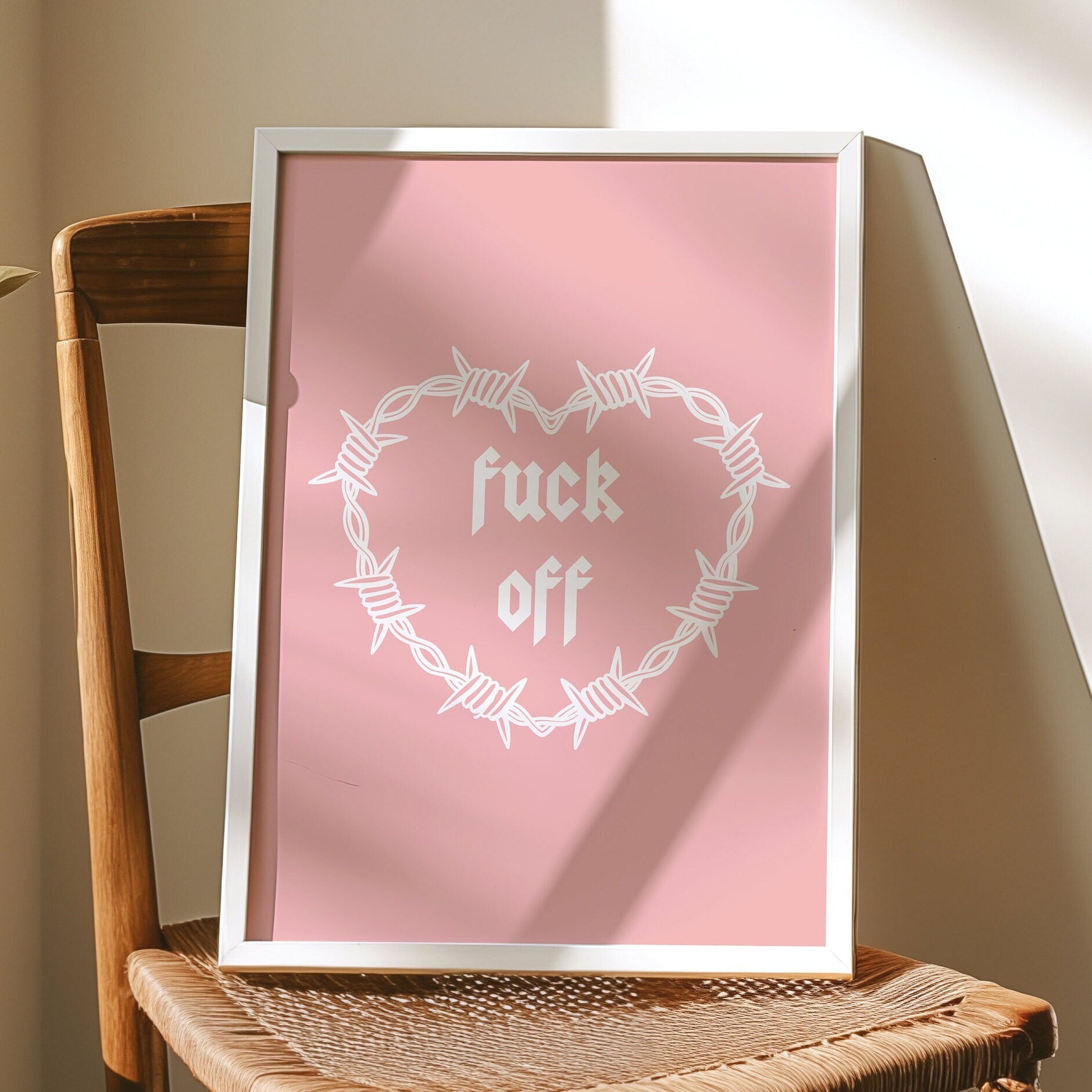 Fuck Off, Barbed Wire Heart Wall Print, Unframed Card Heart Print, Cool Pink Wall Art, Sweary Home Decor