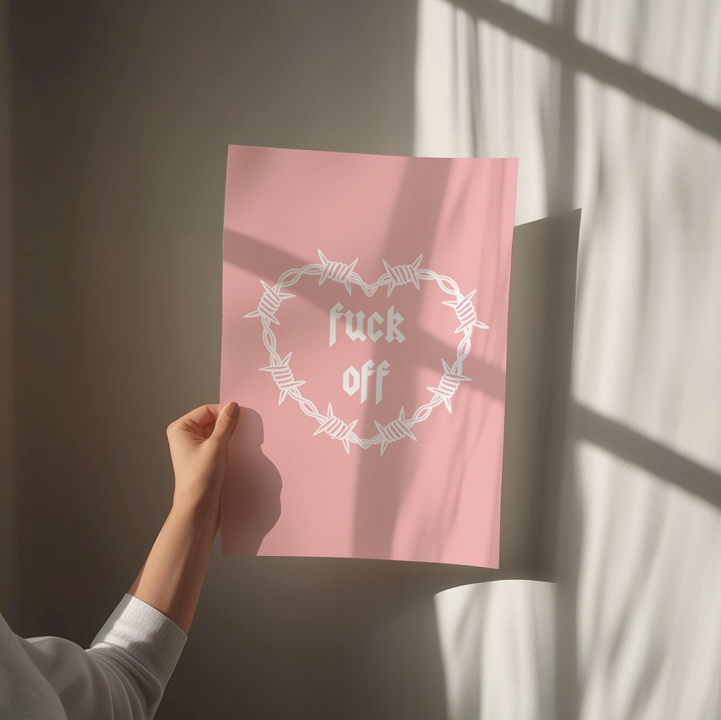 Fuck Off, Barbed Wire Heart Wall Print, Unframed Card Heart Print, Cool Pink Wall Art, Sweary Home Decor