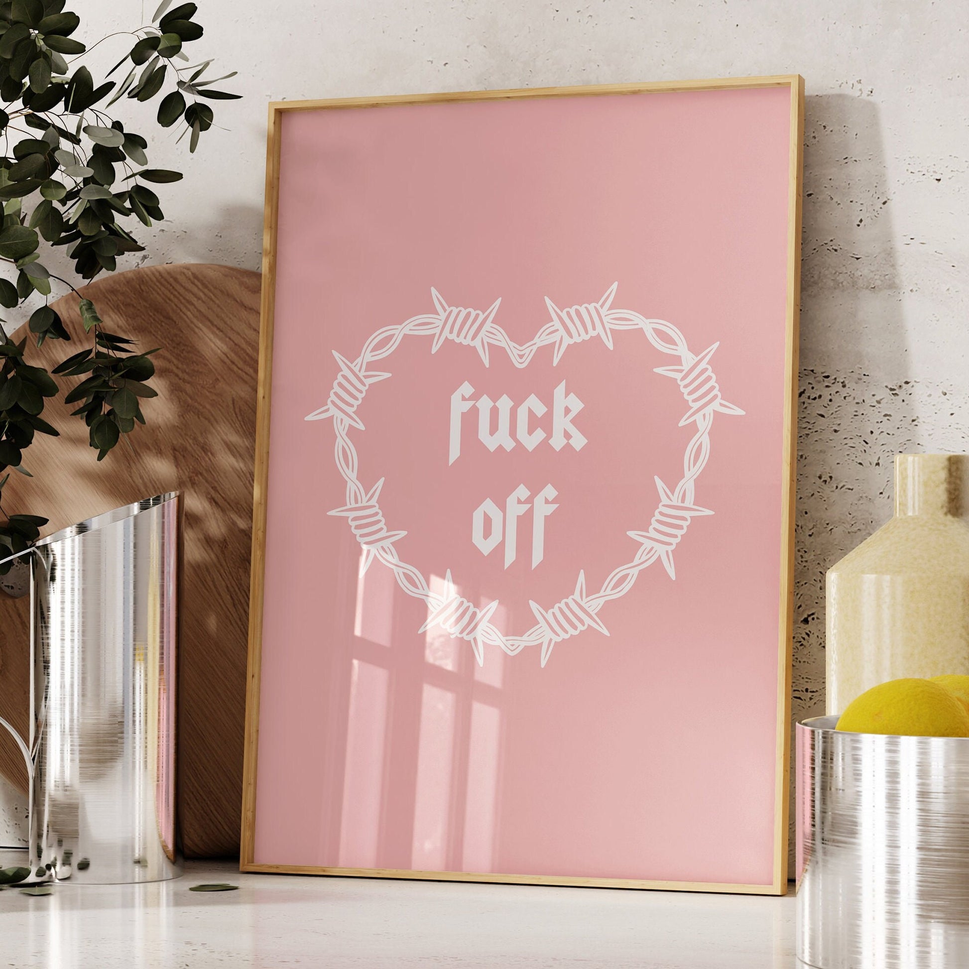 Fuck Off, Barbed Wire Heart Wall Print, Unframed Card Heart Print, Cool Pink Wall Art, Sweary Home Decor