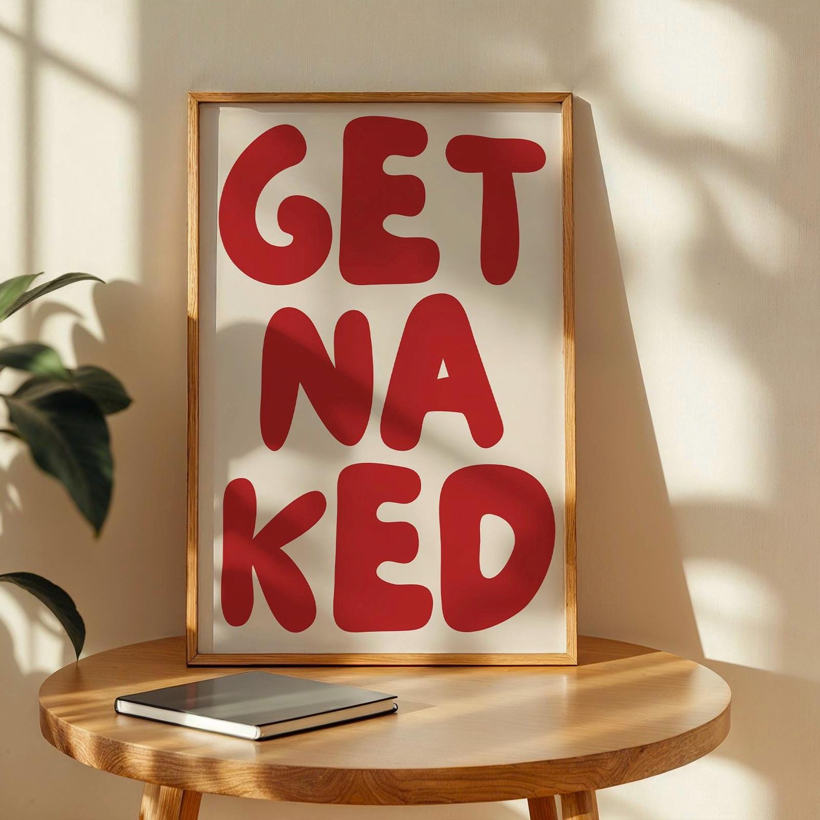 Get Naked Bathroom Print, Funny Cheeky Wall Art for Bathroom, Bold Retro Red Typography Poster, Playful Eclectic Decor, Funky Bathroom Quote