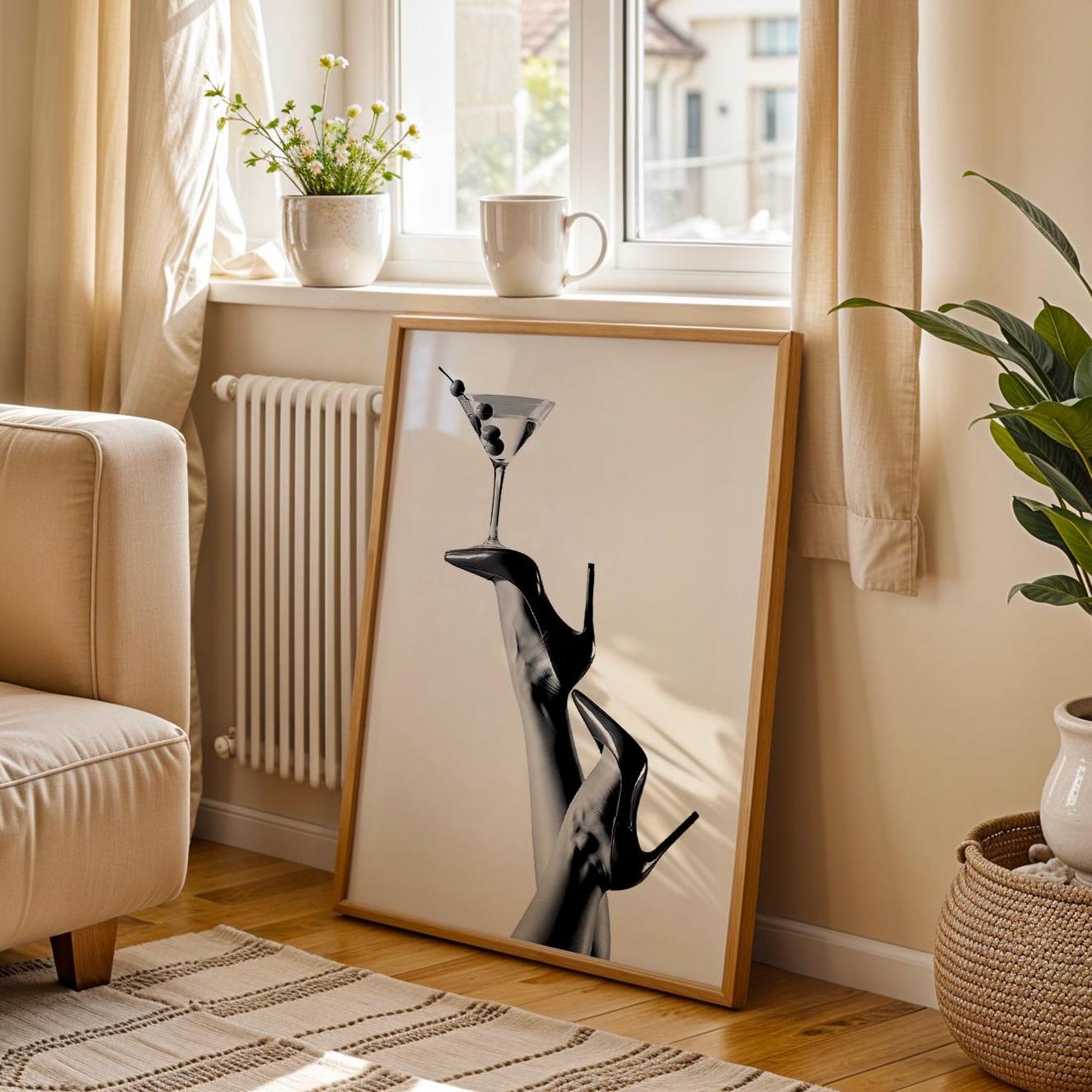 Set of 3 Black High Heels Martini Wall Print, lipstick kiss poster, Luxury Club Fashion Wall Art, Luxury Home Decor, Black and White Posters