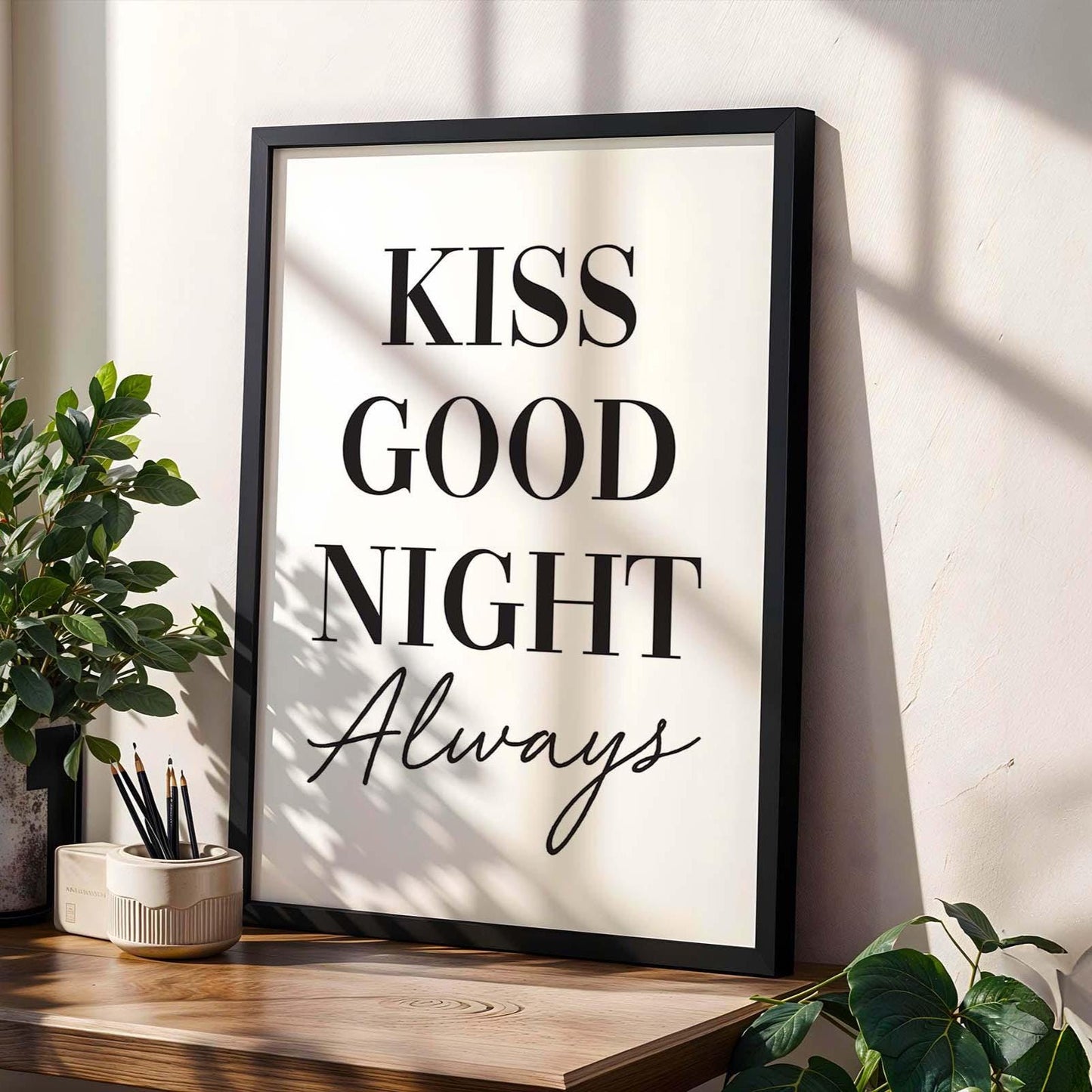 Kiss Good Night Always Art Print White and Black Bedroom Wall Art