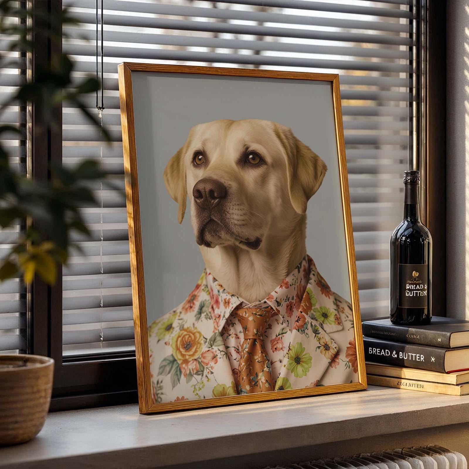 Labrador dog in floral suit and tie wall art print