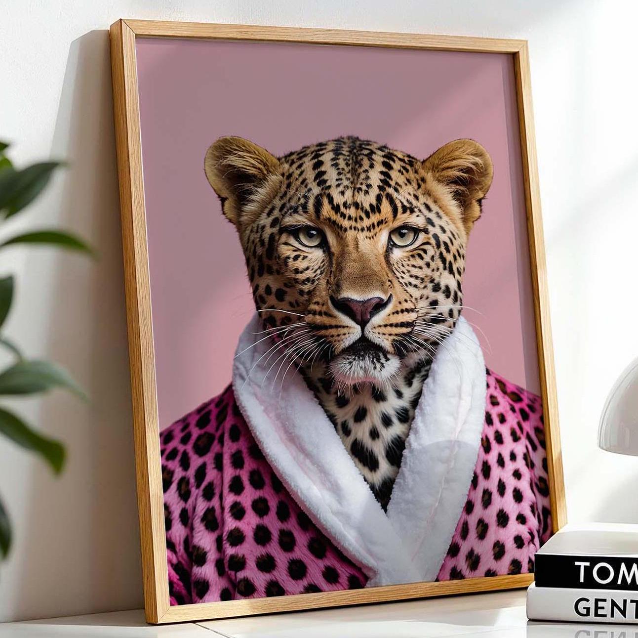 leopard portrait pink leopard print bathrobe wall art