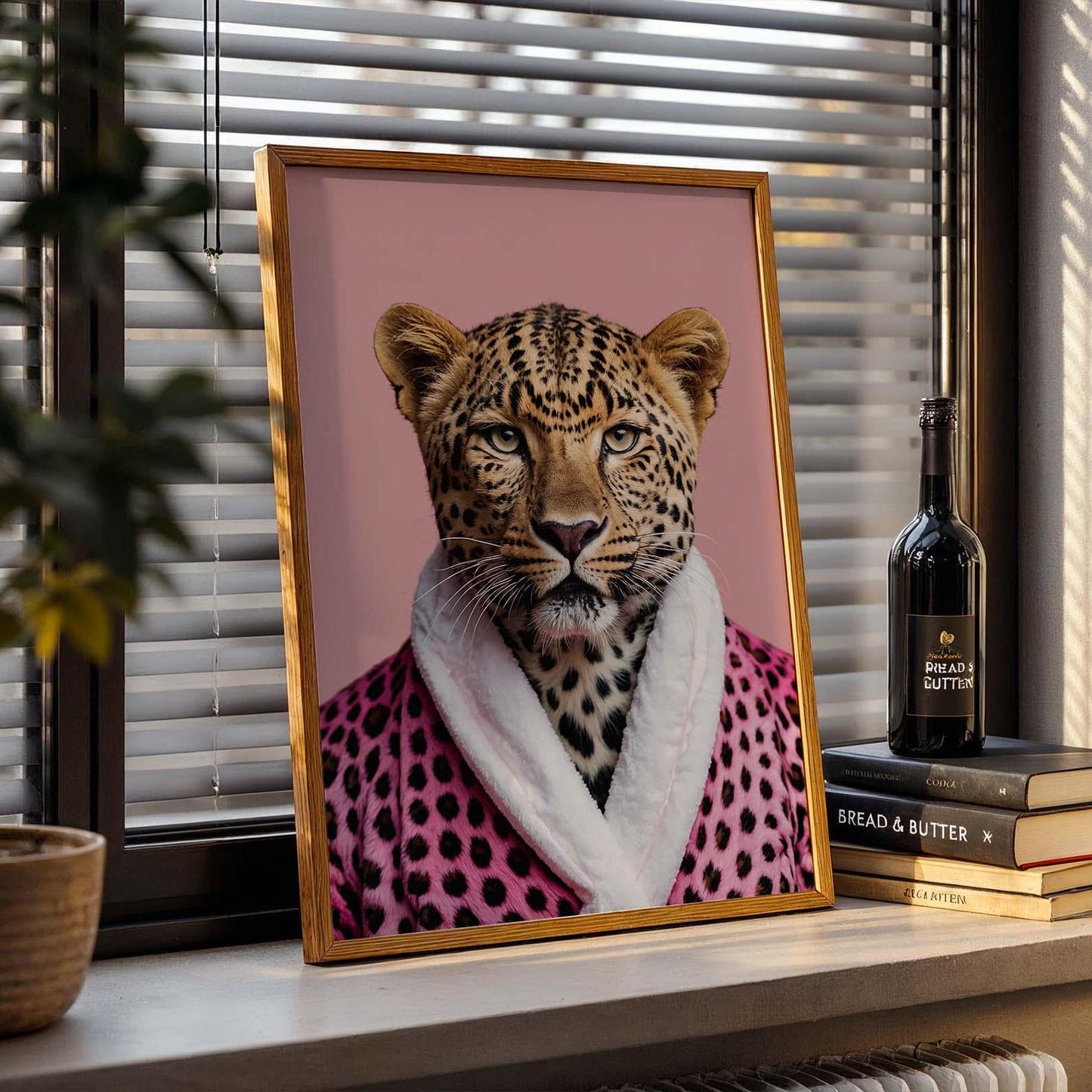 leopard portrait pink leopard print bathrobe wall art print