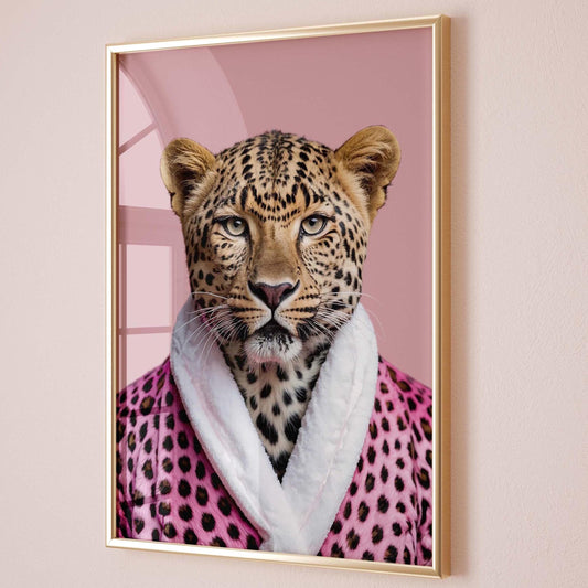 leopard portrait pink leopard print bathrobe wall art