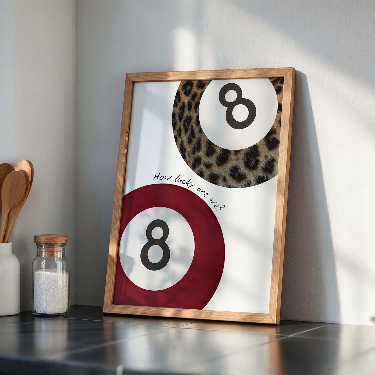 Set of 3 Leopard Prints, Lucky 8 Pool Ball, Feeling Lucky Ace of Hearts Card, Cheetah Print, Trendy Retro Burgundy Red Aesthetic Wall Decor
