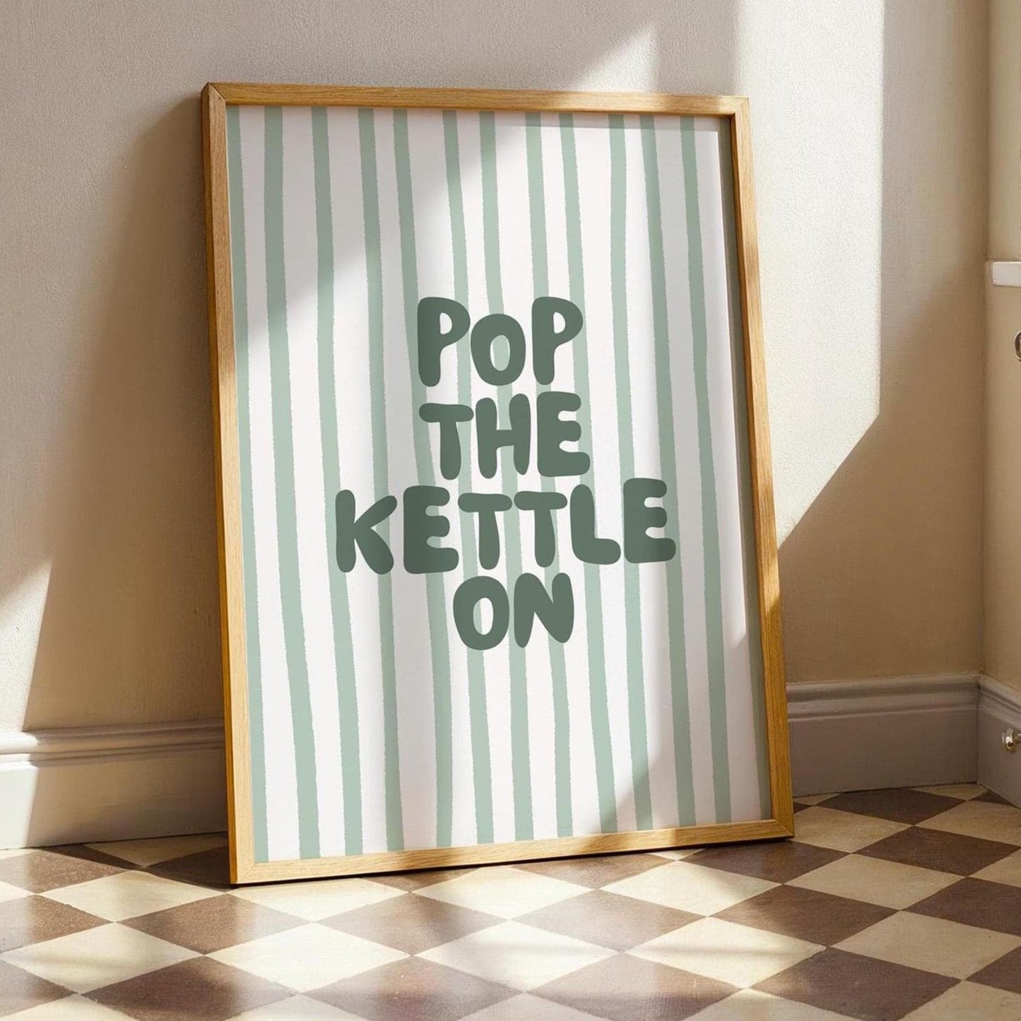 Pop The Kettle On Art Print Green Stripey Wall Decor