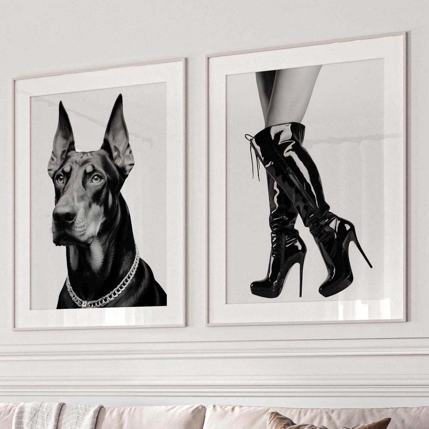 Set of 2 Prints Black Doberman and Knee High heel boots wall art