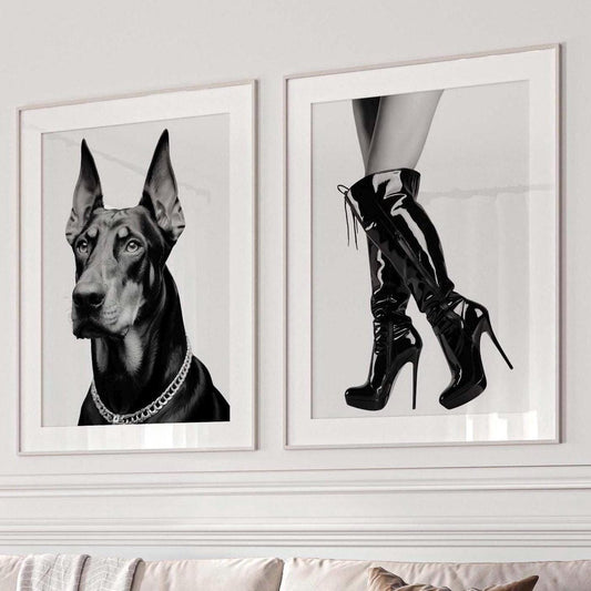 Set of 2 Prints Black Doberman and Knee High heel boots wall art