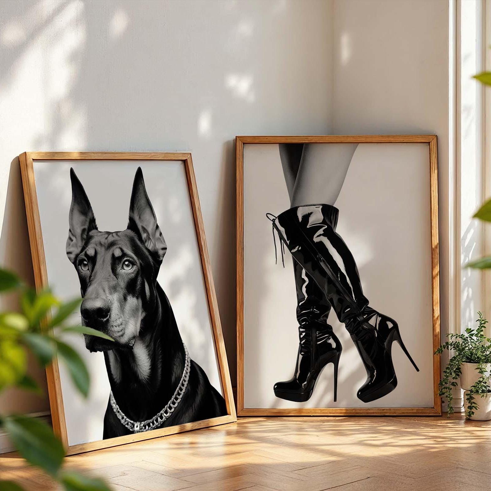 Set of 2 Prints Black Doberman and Knee High heel boots wall art