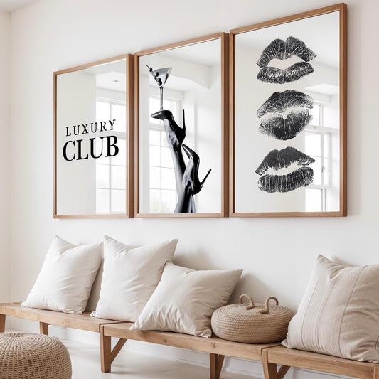 Set of 3 Black High Heels Martini Wall Print, lipstick kiss poster, Luxury Club Fashion Wall Art, Luxury Home Decor, Black and White Posters