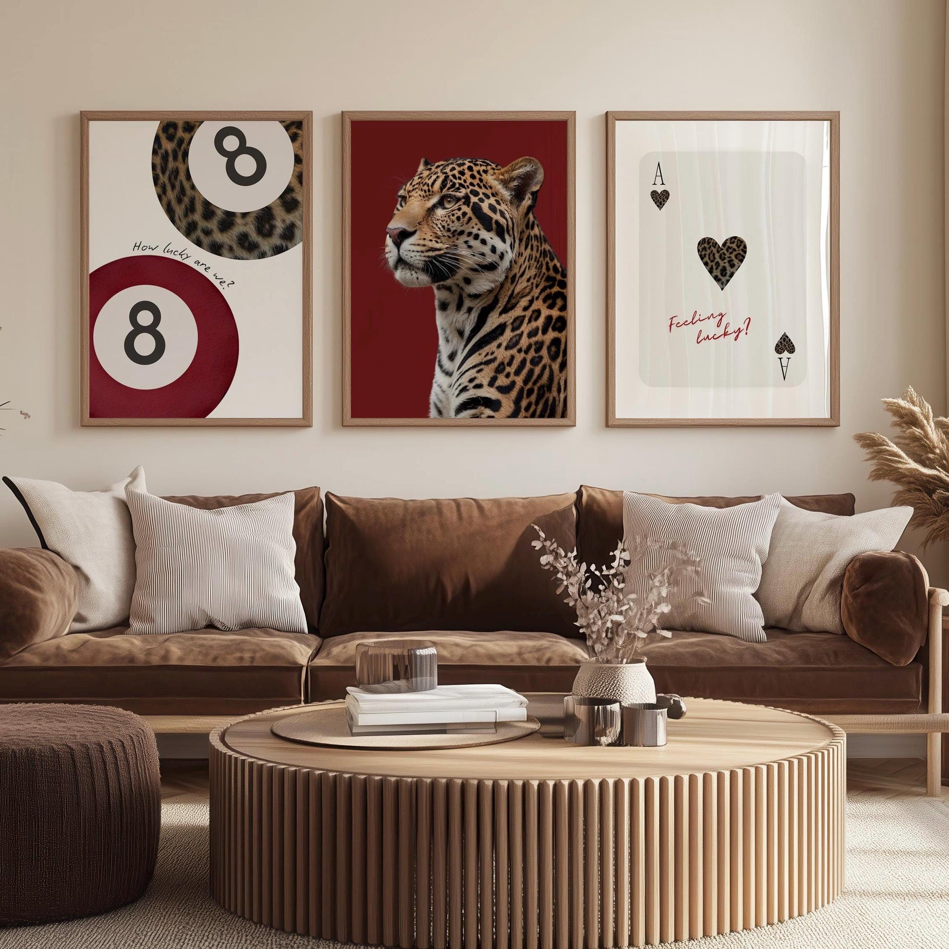 Set of 3 Leopard Prints, Lucky 8 Pool Ball, Feeling Lucky Ace of Hearts Card, Cheetah Print, Trendy Retro Burgundy Red Aesthetic Wall Decor