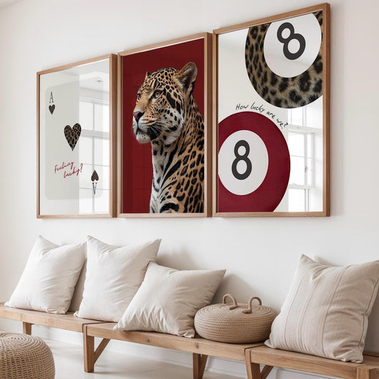 Set of 3 Leopard Prints, Lucky 8 Pool Ball, Feeling Lucky Ace of Hearts Card, Cheetah Print, Trendy Retro Burgundy Red Aesthetic Wall Decor