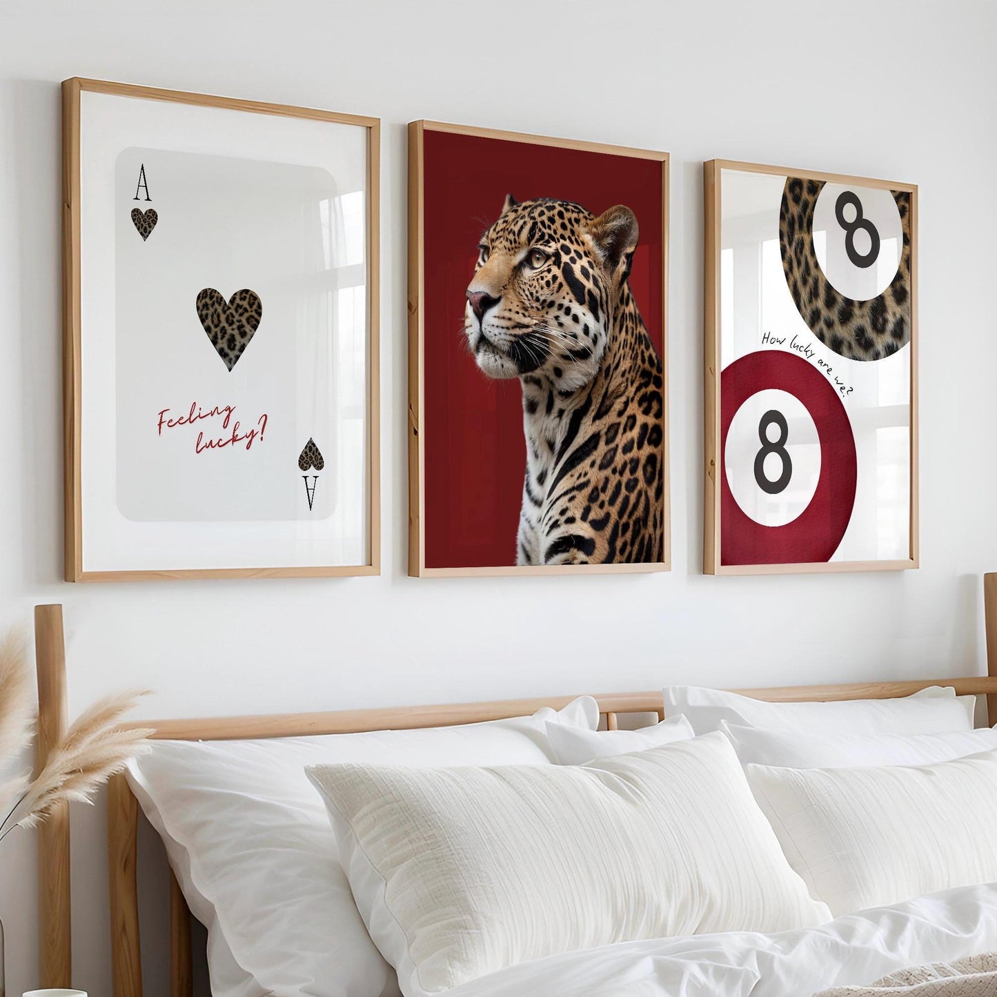 Set of 3 Leopard Prints, Lucky 8 Pool Ball, Feeling Lucky Ace of Hearts Card, Cheetah Print, Trendy Retro Burgundy Red Aesthetic Wall Decor