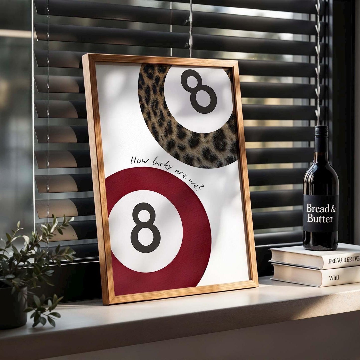 Set of 3 Leopard Prints, Lucky 8 Pool Ball, Feeling Lucky Ace of Hearts Card, Cheetah Print, Trendy Retro Burgundy Red Aesthetic Wall Decor