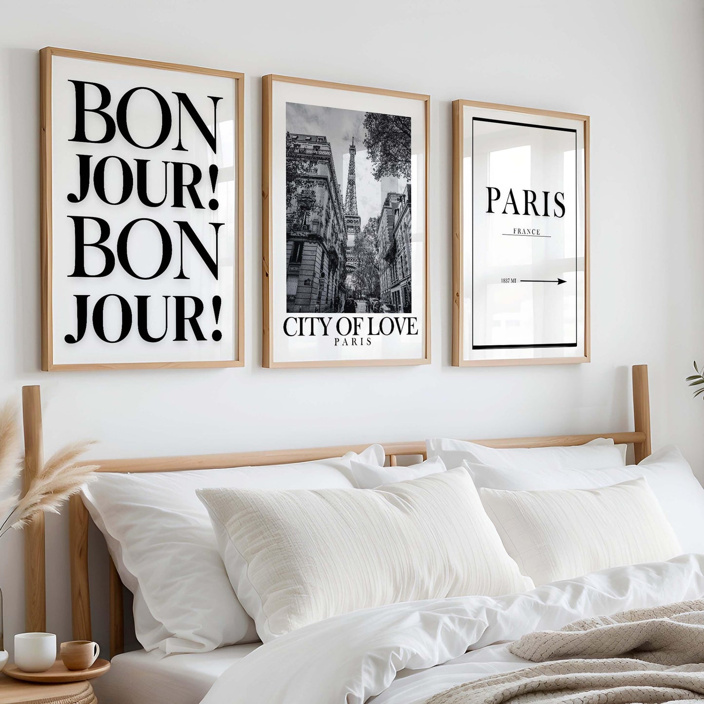 Set of 3 Paris Eiffel Tower France Bonjour  Wall Prints