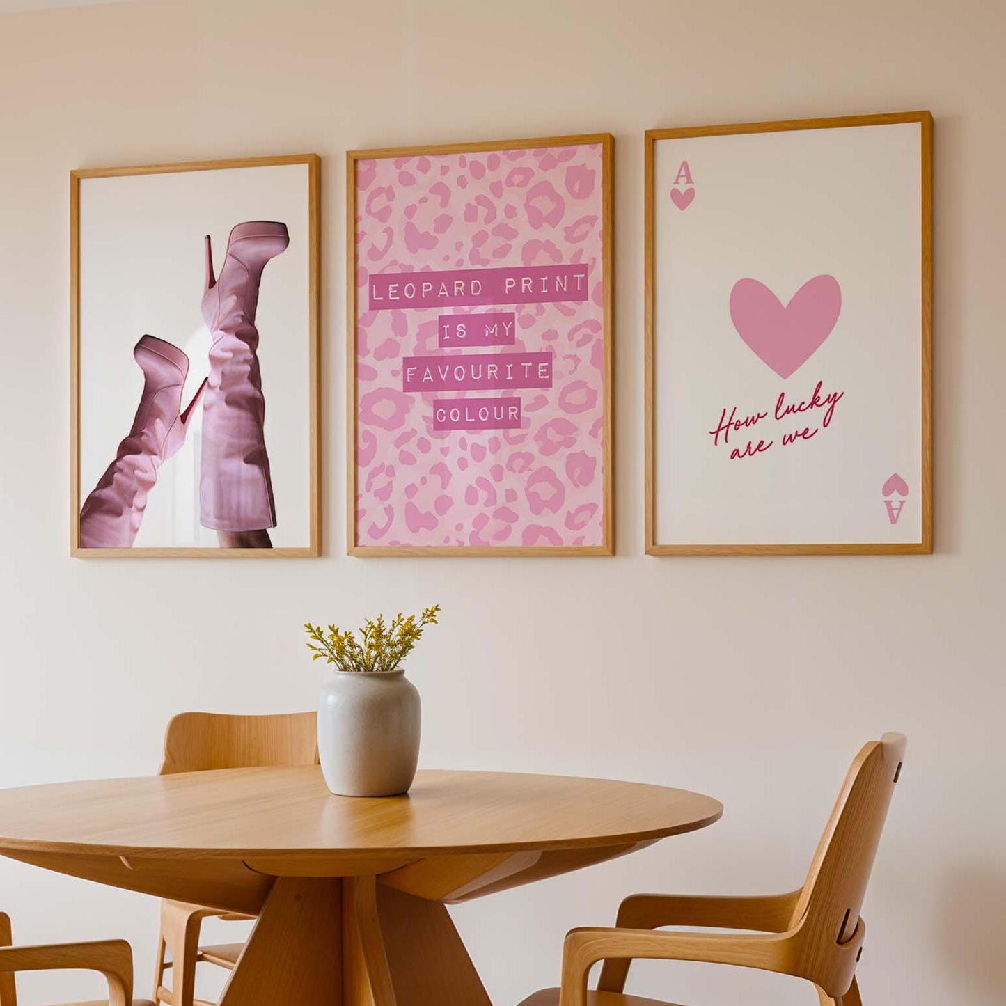 Set of 3 Prints Pink Leopard Print Lucky Ace of Hearts Playing Card Pink Stiletto Heels