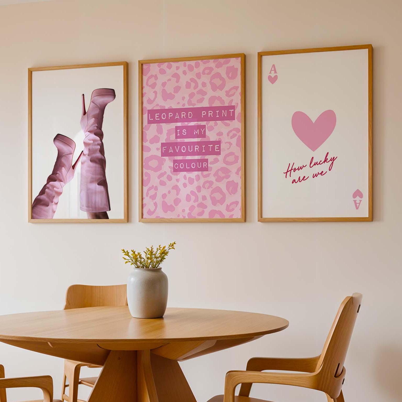 Set of 3 Prints Pink Leopard Print Lucky Ace of Hearts Playing Card Pink Stiletto Heels