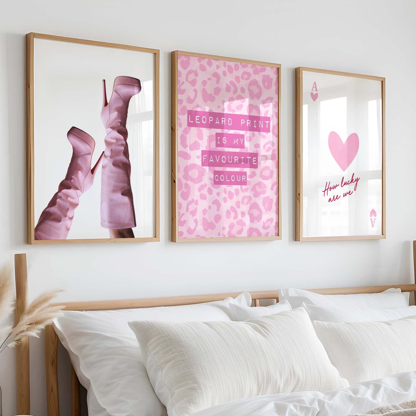 Set of 3 Prints Pink Leopard Print Lucky Ace of Hearts Playing Card Pink Stiletto Heels Boots Wall Prints