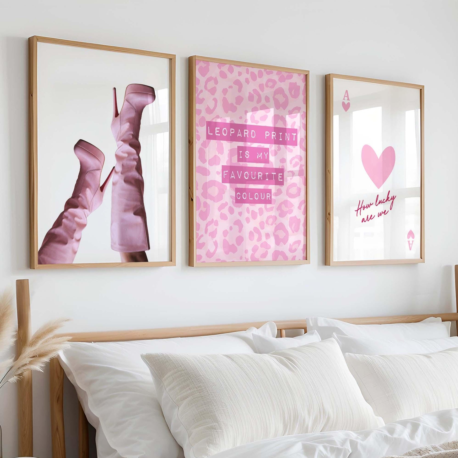 Set of 3 Prints Pink Leopard Print Lucky Ace of Hearts Playing Card Pink Stiletto Heels Boots Wall Prints