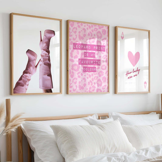 Set of 3 Prints Pink Leopard Print Lucky Ace of Hearts Playing Card Pink Stiletto Heels Boots Wall Prints