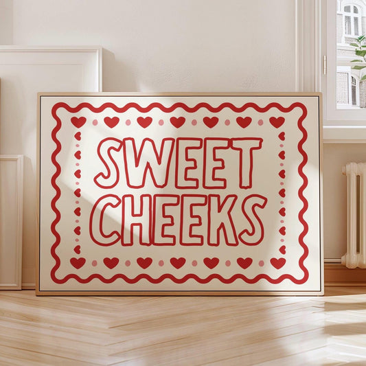 Sweet Cheeks Horizontal Wall Art Print, Girly Red Aesthetic Poster, Cute Funny Quote Print, Trending Bedroom Decor, Playful Sassy Wall Art