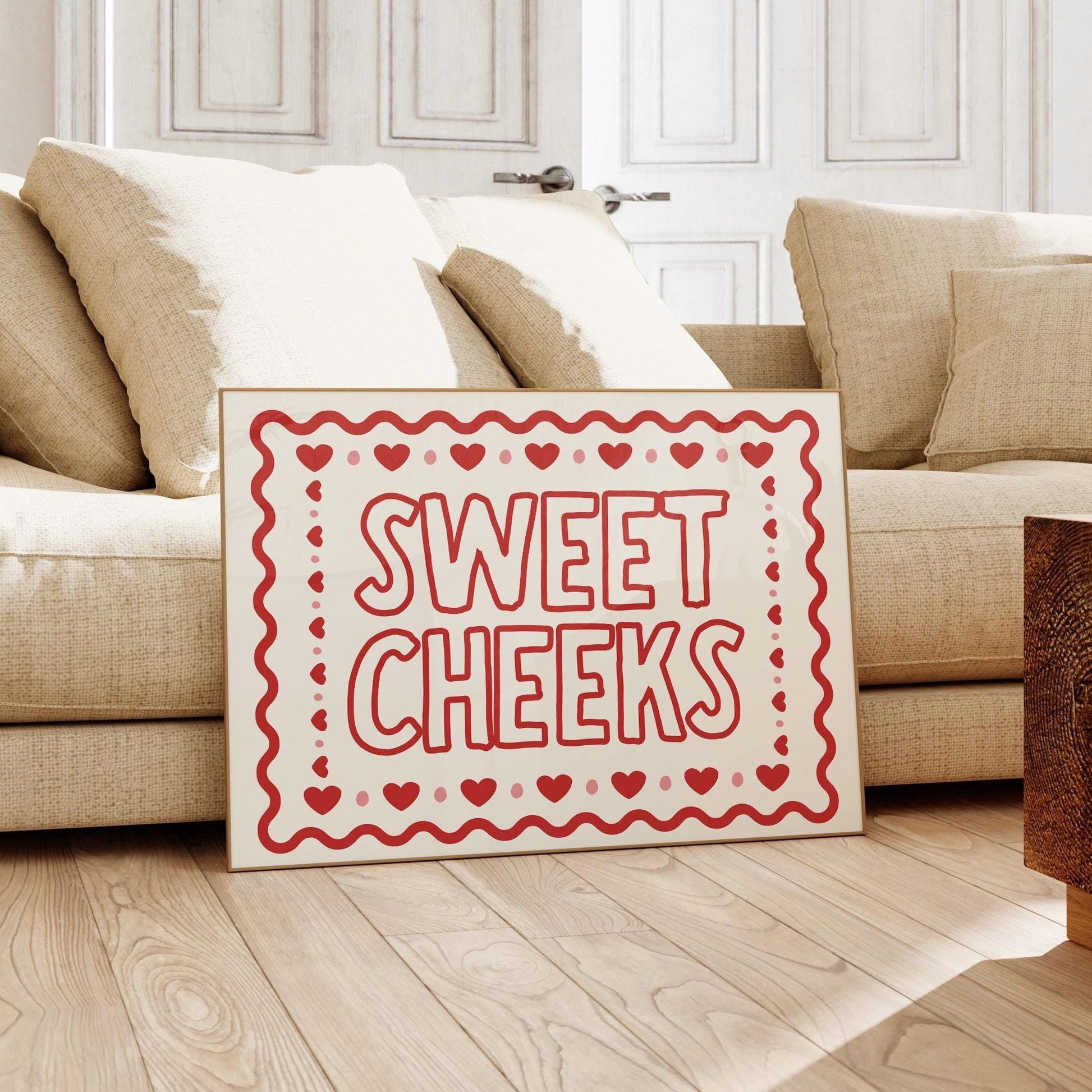 Sweet Cheeks Horizontal Wall Art Print, Girly Red Aesthetic Poster, Cute Funny Quote Print, Trending Bedroom Decor, Playful Sassy Wall Art
