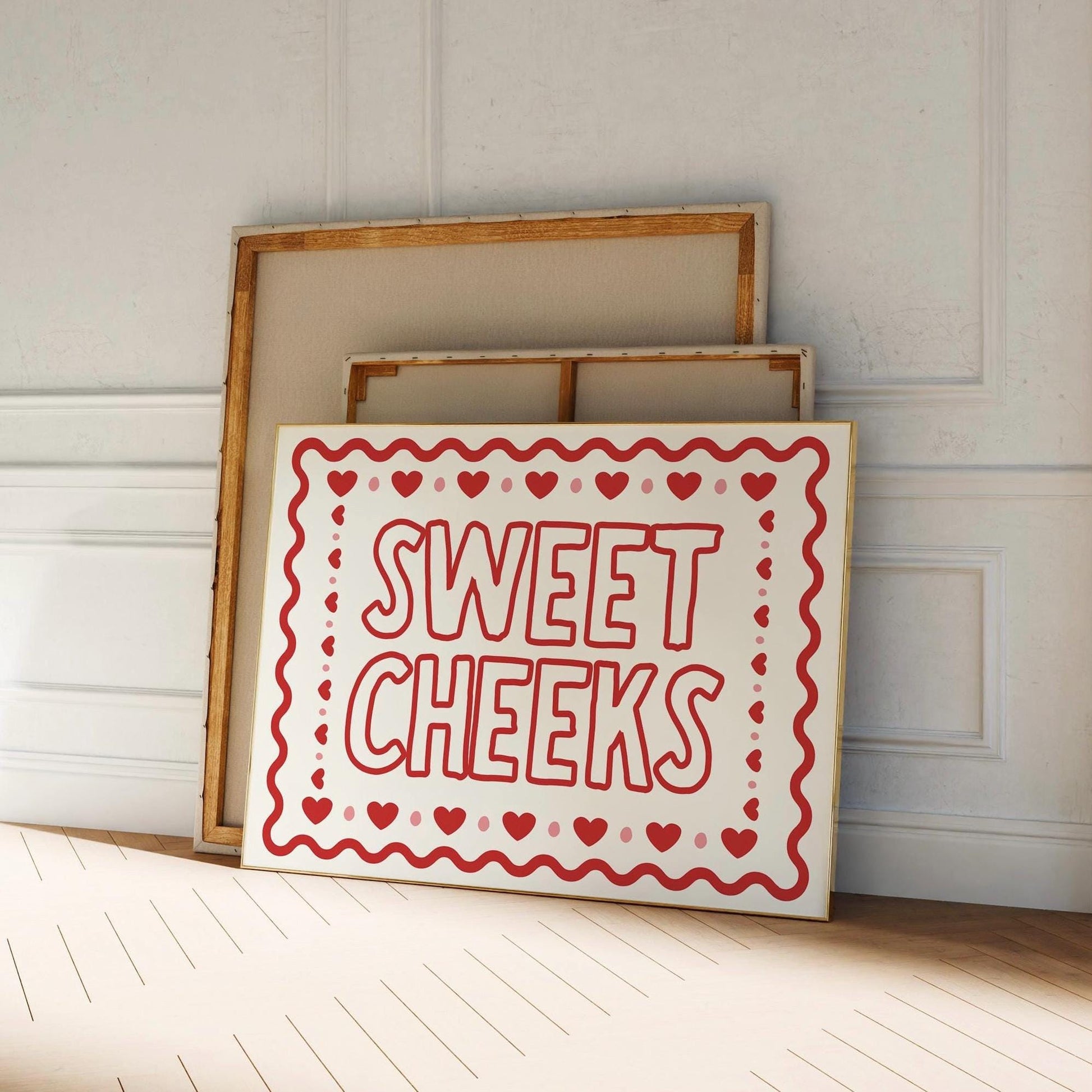 Sweet Cheeks Horizontal Wall Art Print, Girly Red Aesthetic Poster, Cute Funny Quote Print, Trending Bedroom Decor, Playful Sassy Wall Art