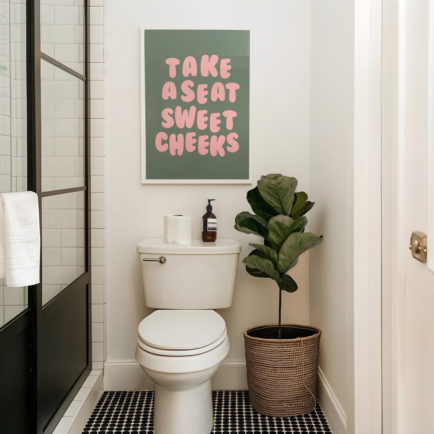Take a Seat Sweet Cheeks Art Print Green and Pink Bathroom Wall Decor