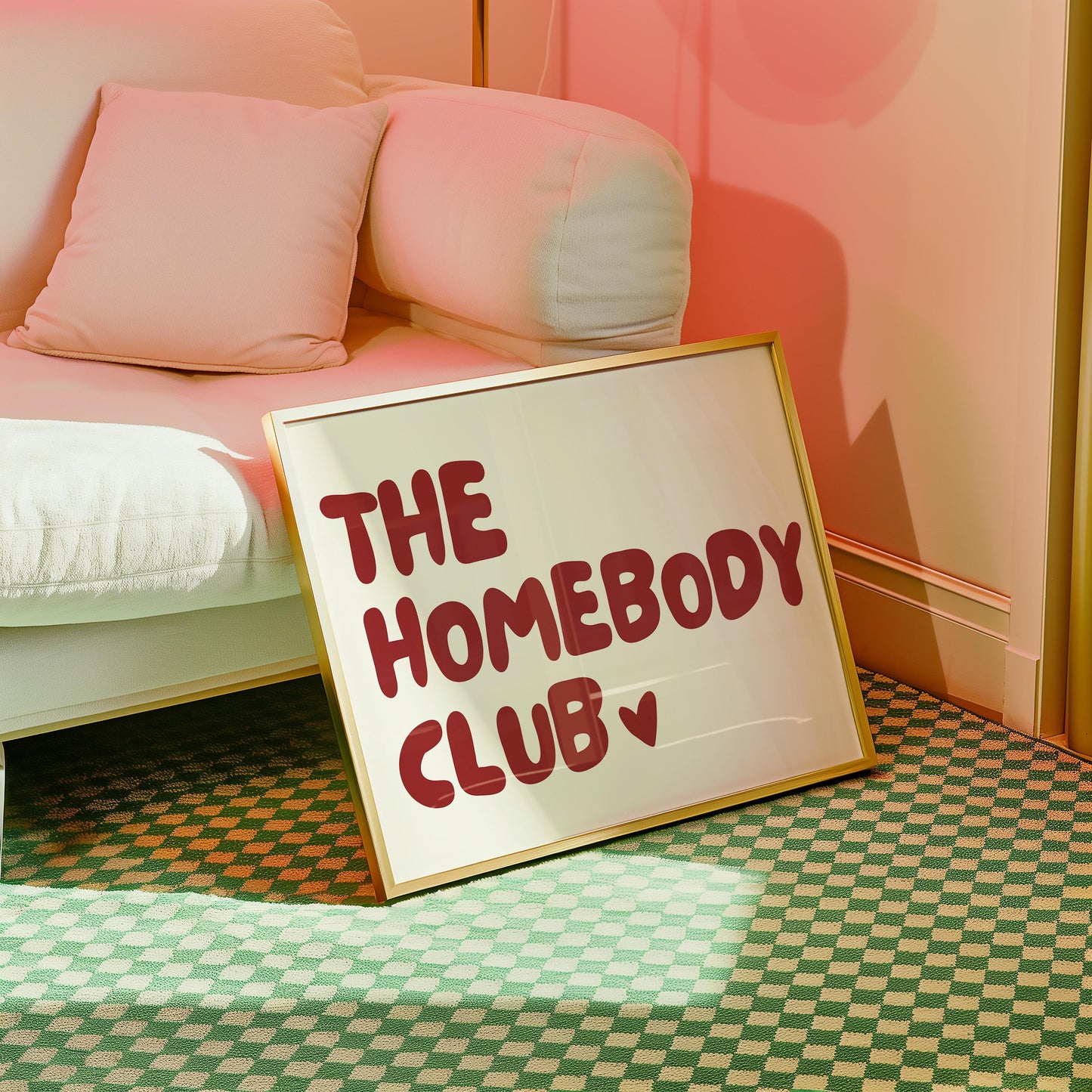 The home body club horizontal poster, funny wall art print, minimalist red and beige wall print, heart poster