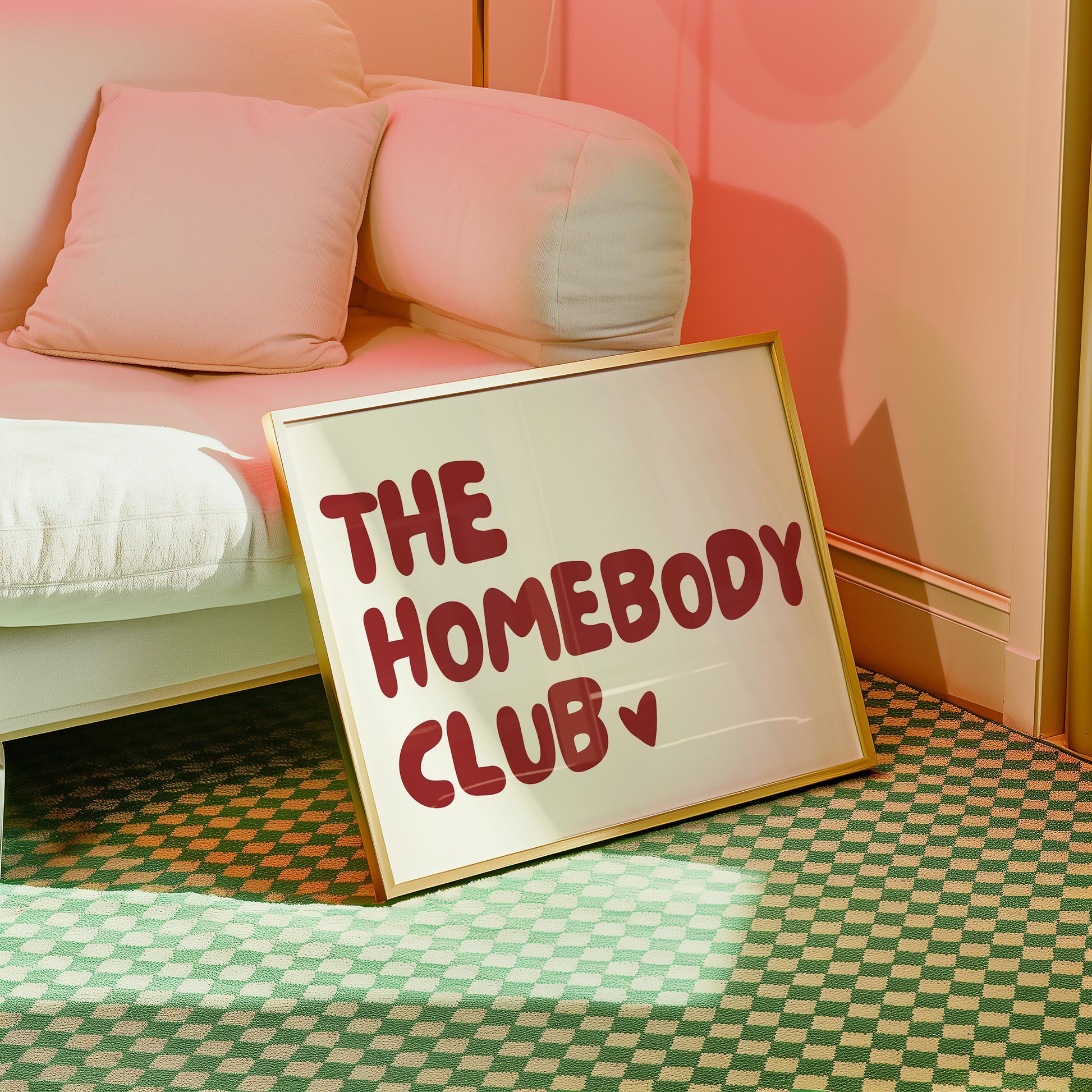 The home body club horizontal poster, funny wall art print, minimalist red and beige wall print, heart poster
