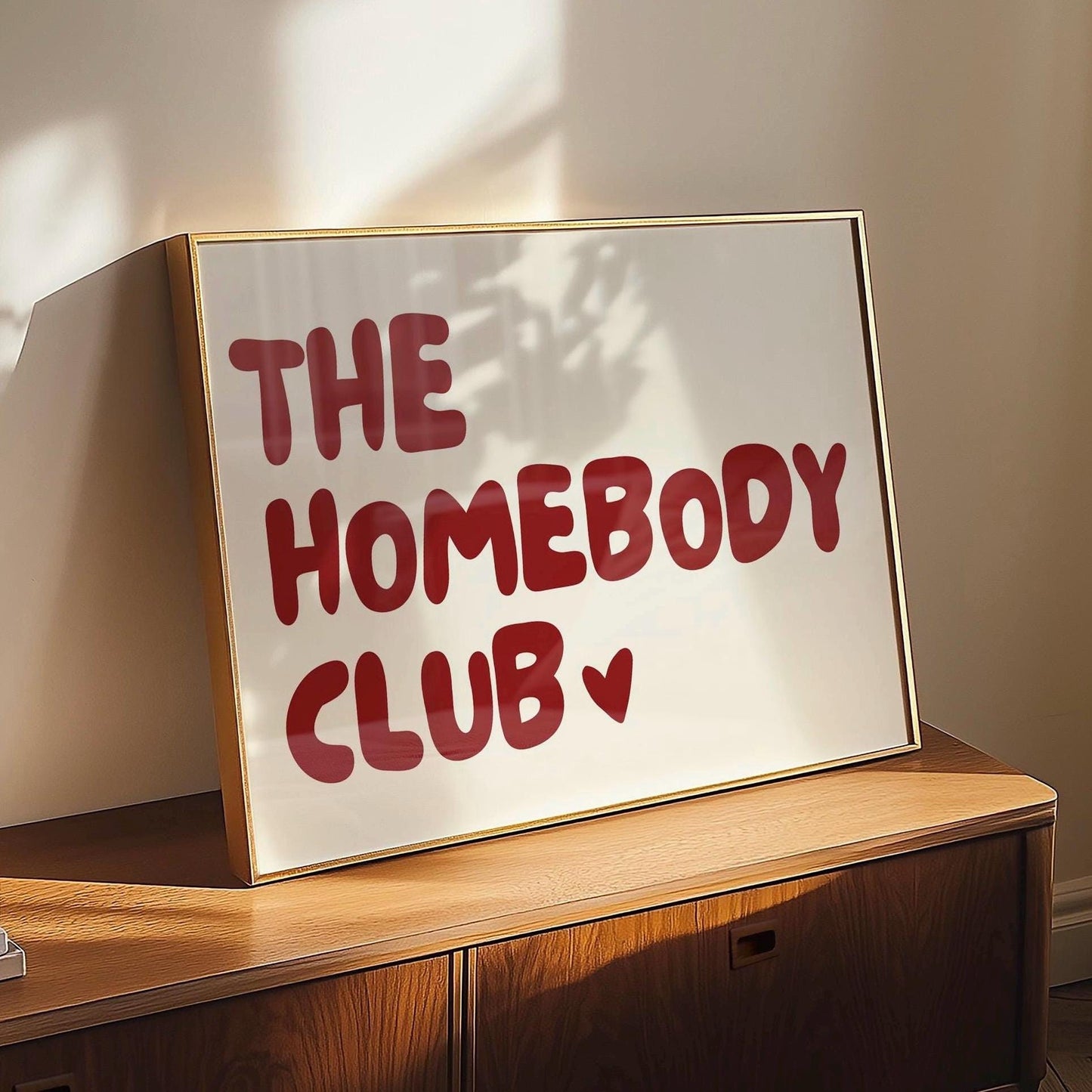 The home body club horizontal poster, funny wall art print, minimalist red and beige wall print, heart poster