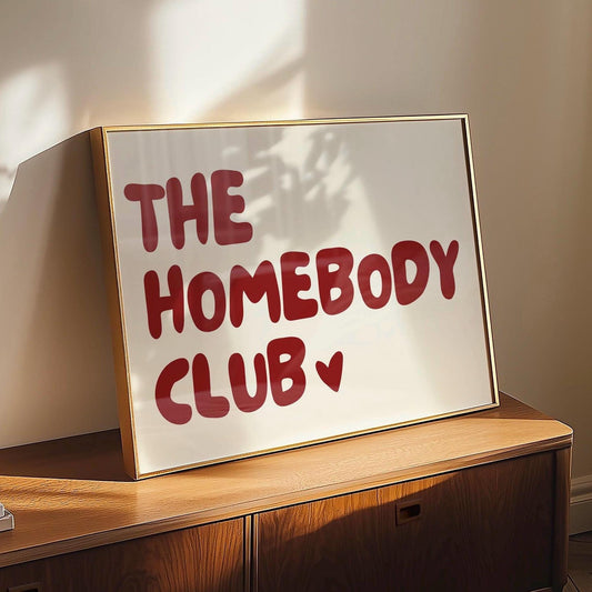 The home body club horizontal poster, funny wall art print, minimalist red and beige wall print, heart poster