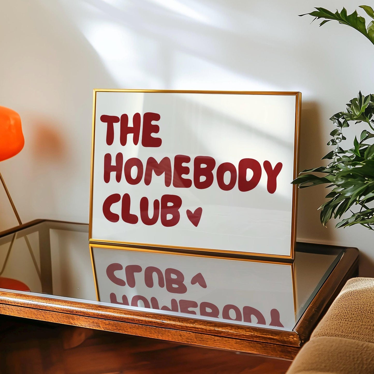 The home body club horizontal poster, funny wall art print, minimalist red and beige wall print, heart poster