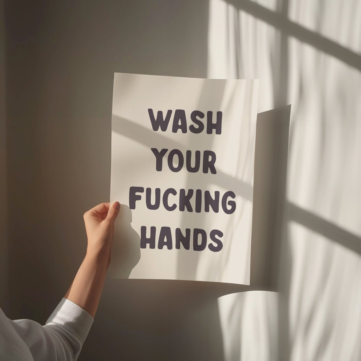 Wash Your Fucking Hands Print, Unframed Card Art Print, Funny Toilet, Bathroom Quote Wall Print, Cream and Black