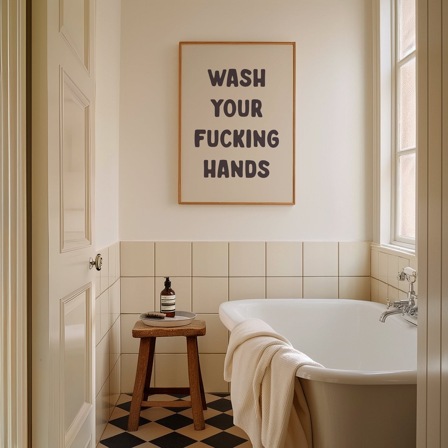 Wash Your Fucking Hands Print, Unframed Card Art Print, Funny Toilet, Bathroom Quote Wall Print, Cream and Black