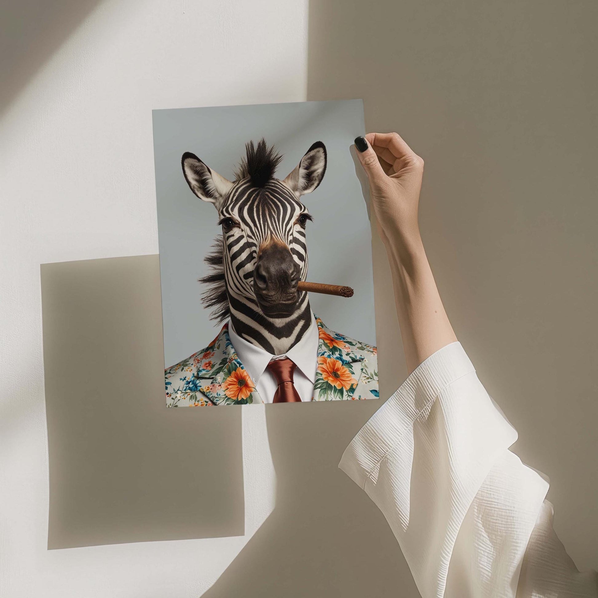 Zebra in Floral Suit With Cigar Vintage Portrait Wall Art Print