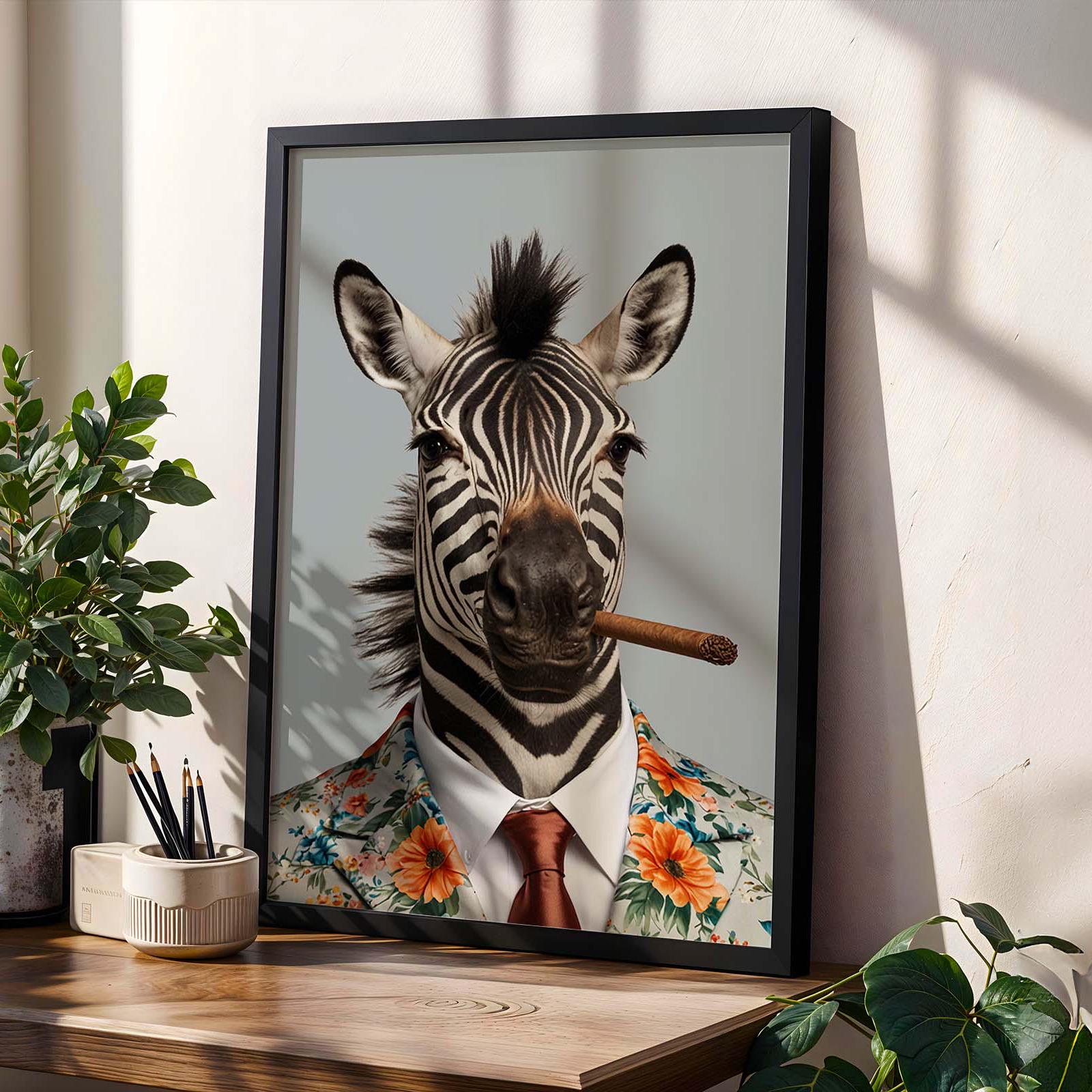 Zebra in Floral Suit With Cigar Vintage Portrait Wall Art Print