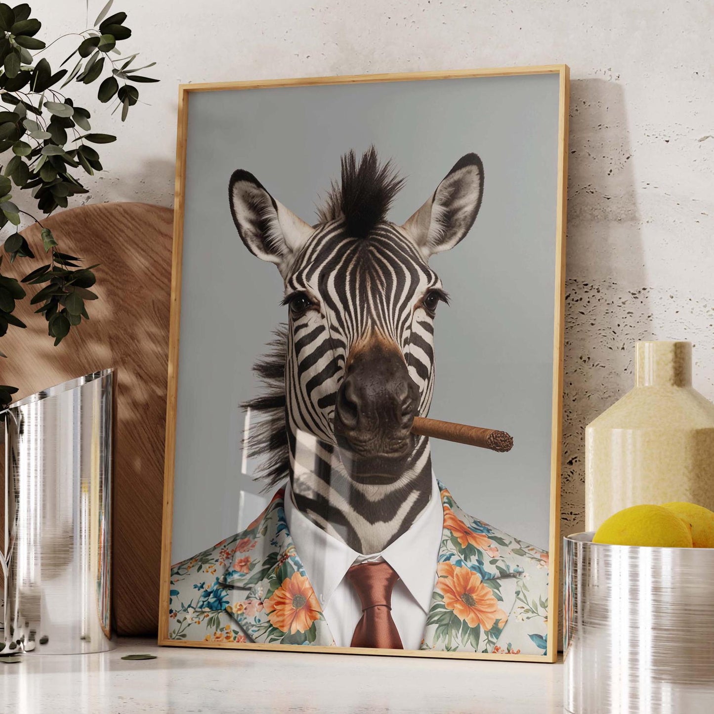 Zebra in Floral Suit With Cigar Vintage Portrait Wall Art Print
