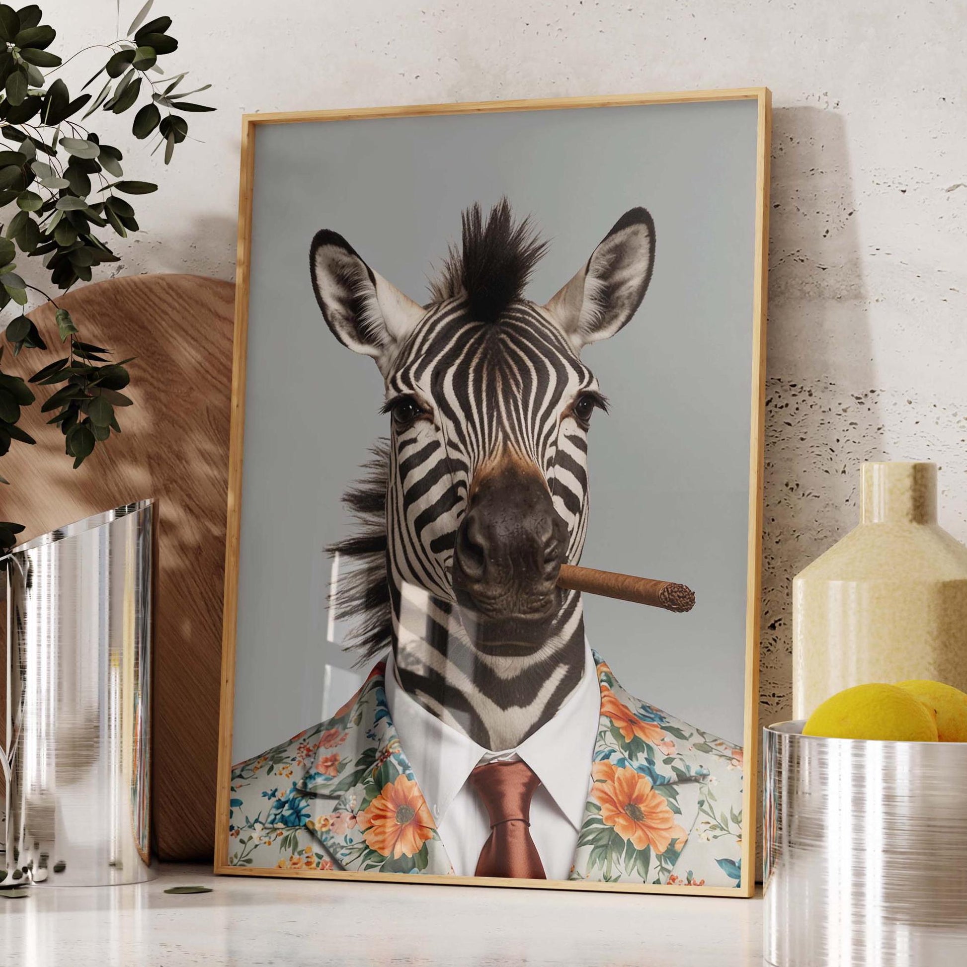 Zebra in Floral Suit With Cigar Vintage Portrait Wall Art Print