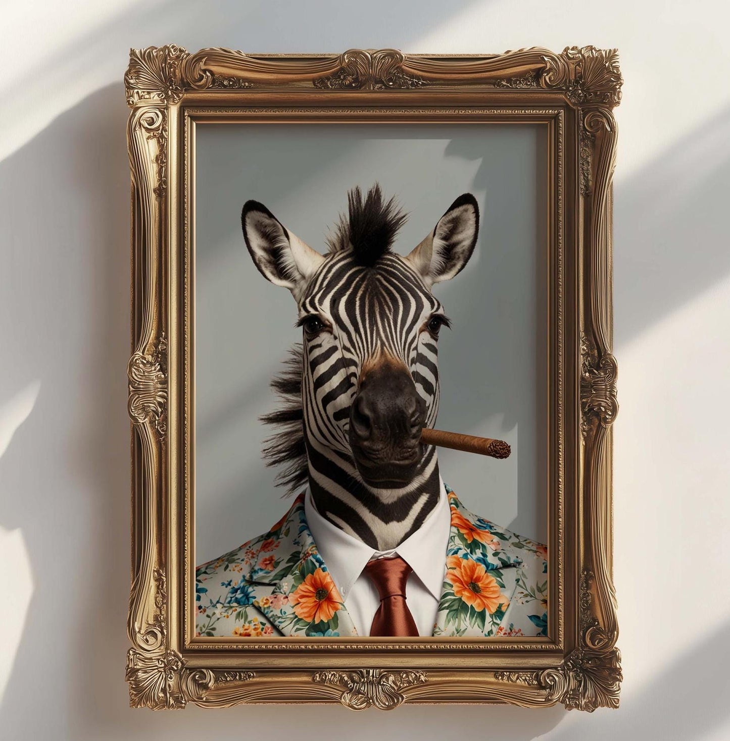 Zebra in Floral Suit With Cigar Vintage Portrait Wall Art Print