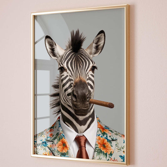 Zebra in Floral Suit With Cigar Vintage Portrait Wall Art Print
