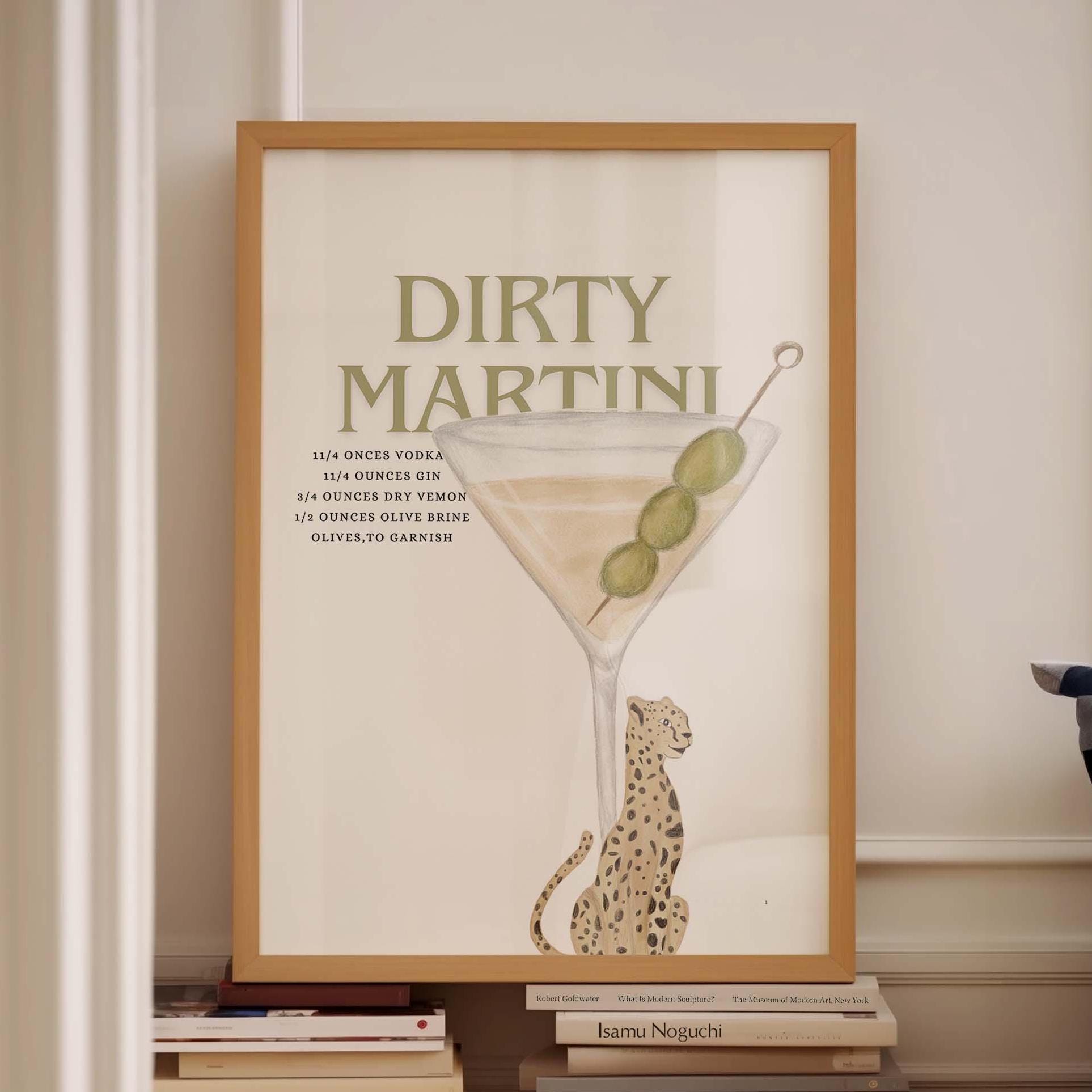 dirty martini recipe wall print with cheetah bar cart art