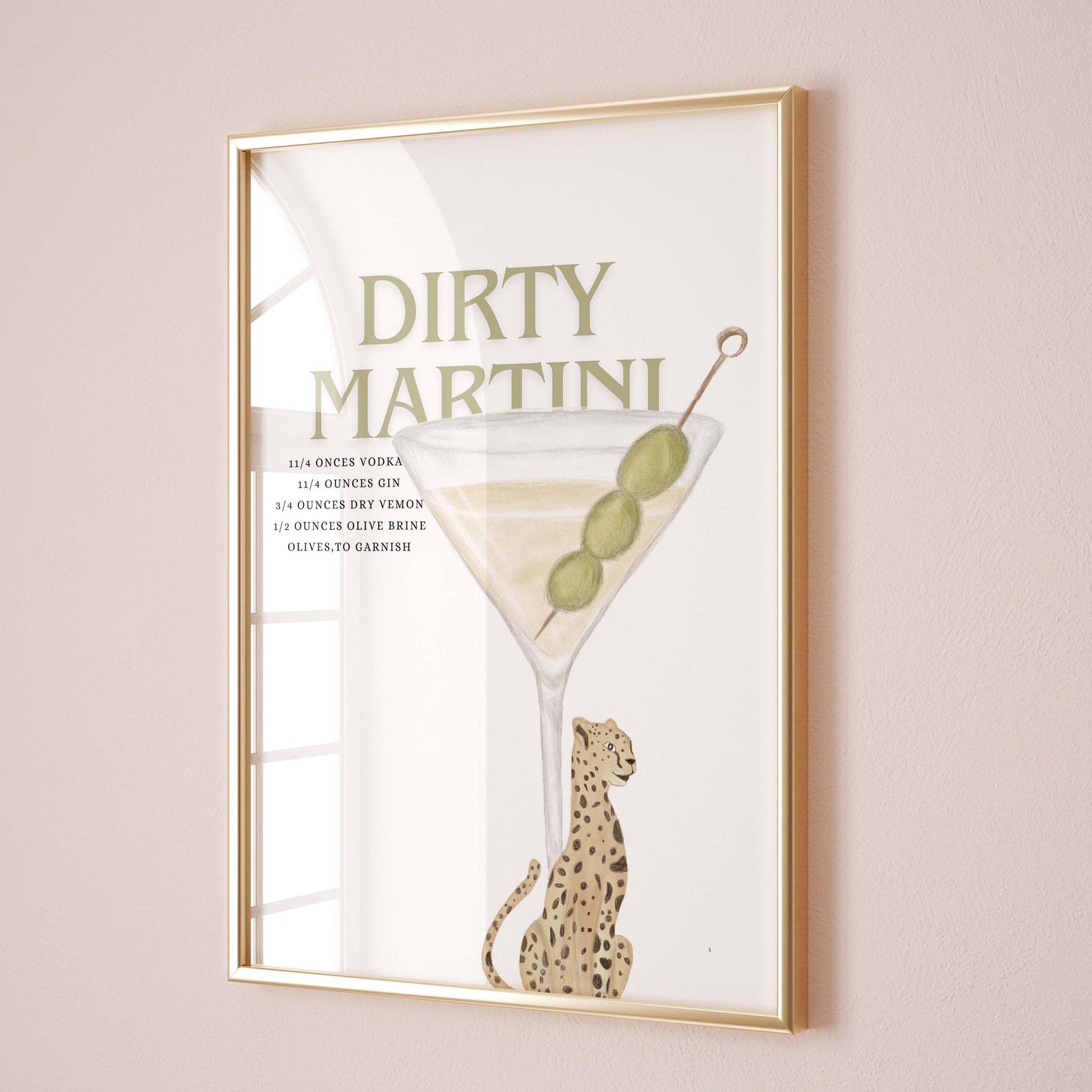 dirty martini recipe wall print with cheetah bar cart art