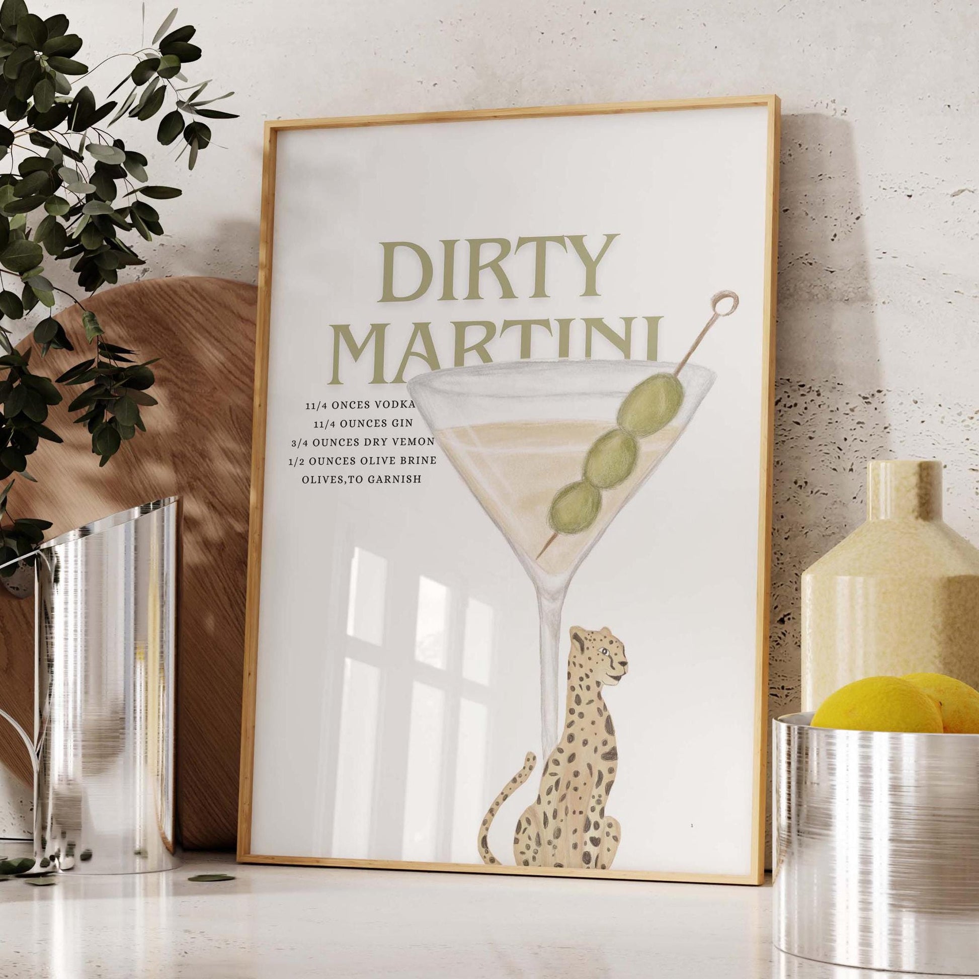 dirty martini recipe wall print with cheetah bar cart art